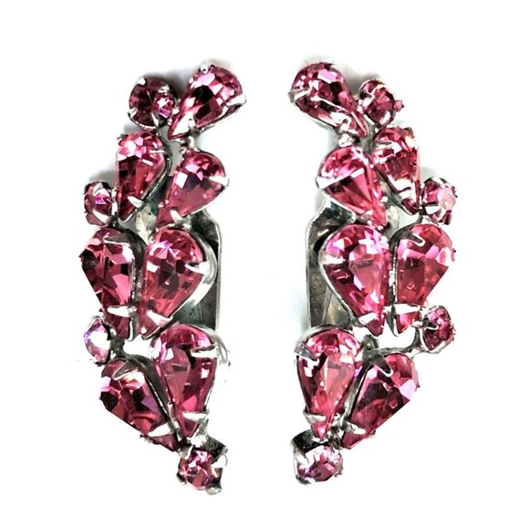 Unbranded Jewelry - Vintage Pink Rhinestone Earrings Ear Climbers Clip Ons Silver Tone Costume Jewel